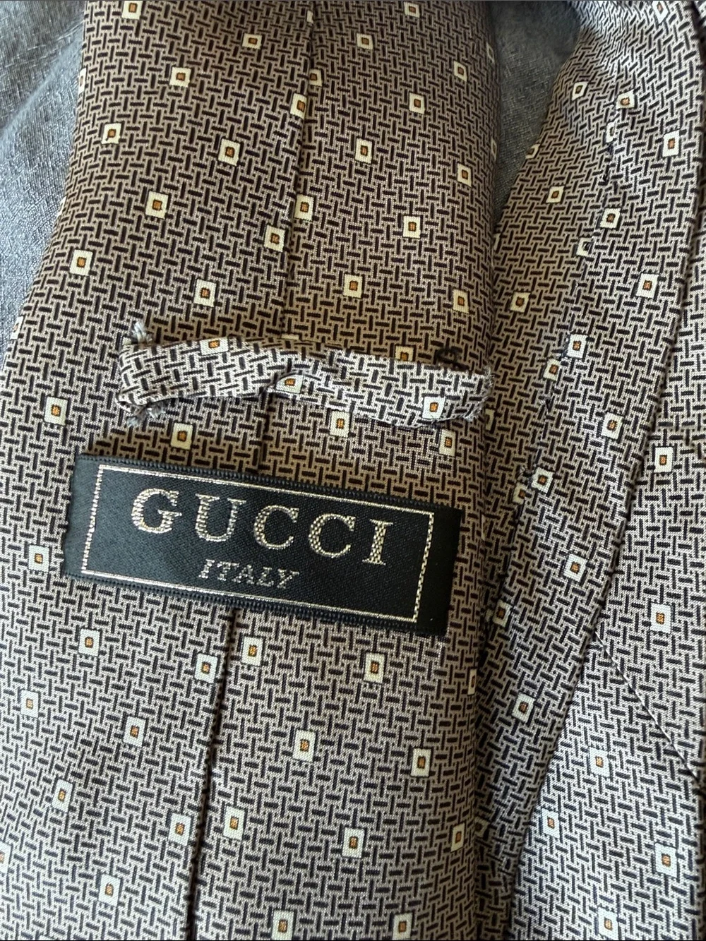 Gucci Brown Micro-Pattern Silk Tie with Yellow Accent